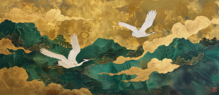 A068132标清金色山脉仙鹤