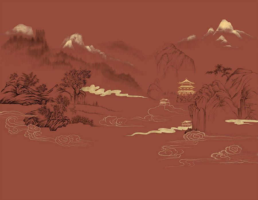 A068181高清红色山水阁楼