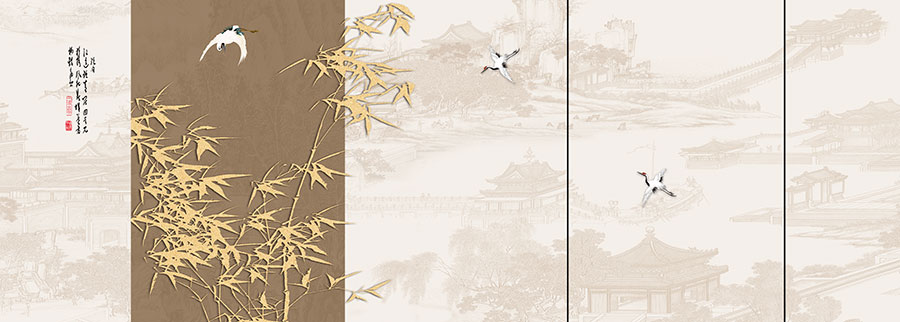 A068186高清分层楼阁竹子飞鹤