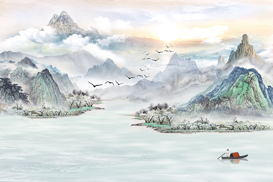 A068210标清大理石水墨山水飞鸟