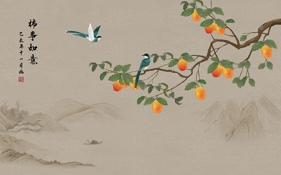 A068356高清工笔花鸟柿柿如意