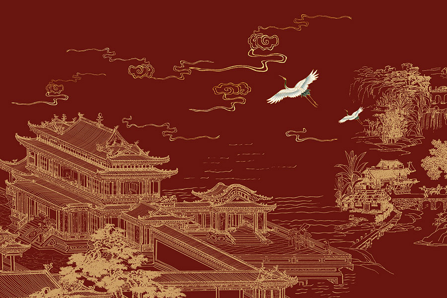 A068391高清红色阁楼仙鹤