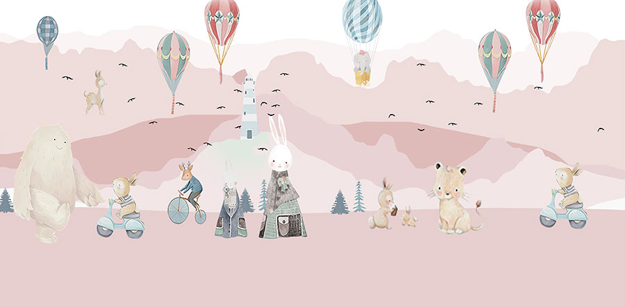 A068416标清北欧卡通小象兔子壁纸ins温馨治愈儿童