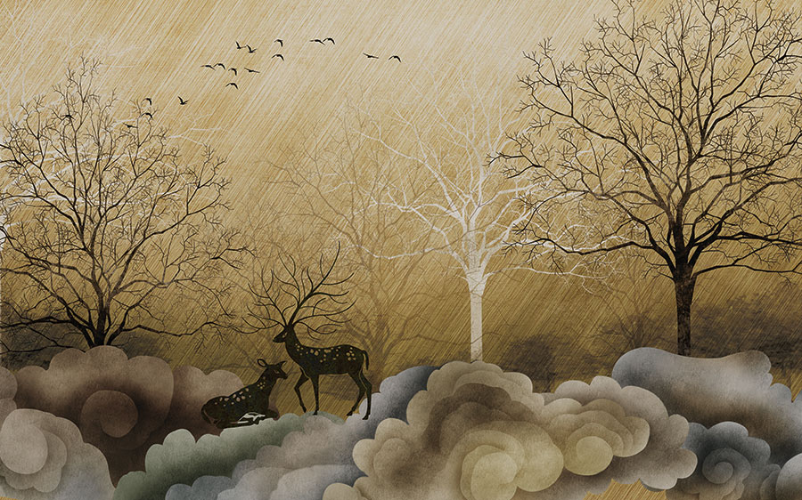 A068505高清分层创意艺术麋鹿森林