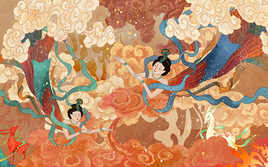 A068612高清-仙女敦煌壁画背景墙